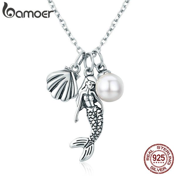 

bamoer 100% стерлингового серебра 925 romantic mermaid-legend shell подвеска ожерелье для женщин ювелирные изделия стерлингового серебра под, Silver