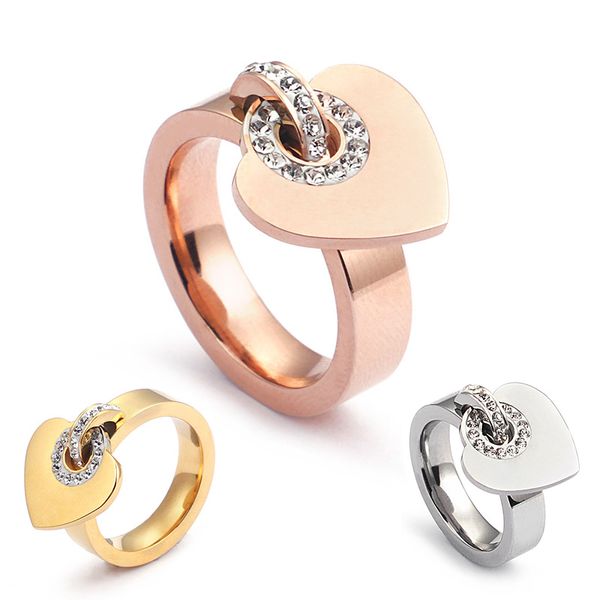 

cluster rings heart-shaped pendant ring cubic zirconia stainless steel for women valentine's day gift gold/silver/rose gold color jewel, Golden;silver