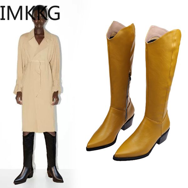 

boots western women knee high fashion pointed toe sewing shoes female heels thick ladies autumn, Black