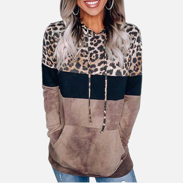 

women's hoodies & sweatshirts oversized women leopard print patchwork 2021 fall casual woman clothes winter pocket hoodie female long s, Black