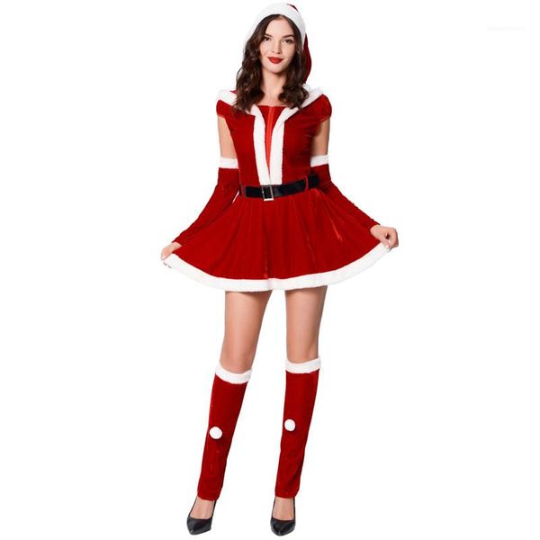 

set fashion crew neck waist down skirt and hat leather belt gloves foot cover christmas stage performance, Black;red