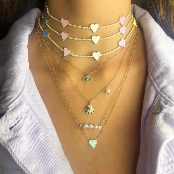 

2021 summer gift women jewelry tennis cz choker thin chain rainbow heart charm white pink yellow purple colorful choker necklace, Silver