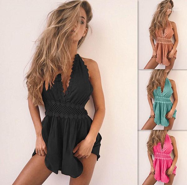 

length rompers backless lace halter jumpsuits fashion solid color deep v neck bodysuits relaxed above knee, Black;white