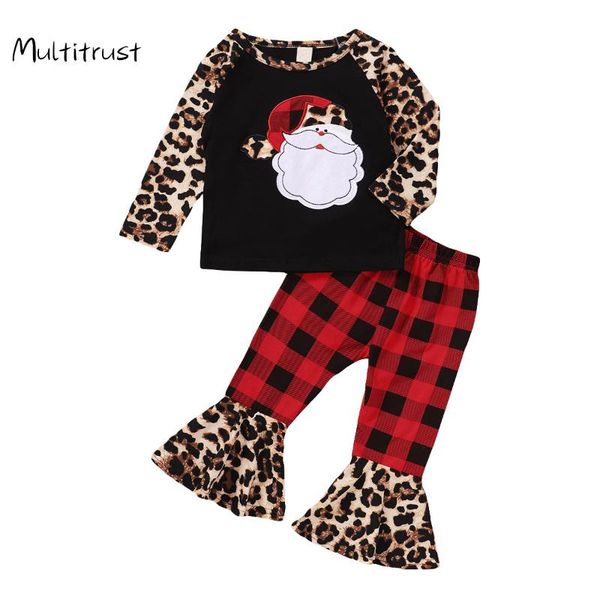 

2-6 years toddler christmas clothes kids baby girl clothing cow print t-shirt red plaid ruffle flare pants set girls outfit, White