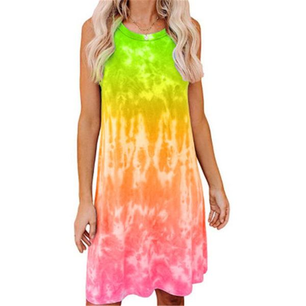 

tie dye printed women dress designer gradient loose vest t-shirt casual round neck dress fashion trend female sleeveless short skirt clothes, Black;gray