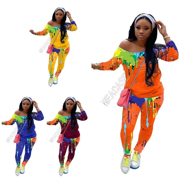

women tracksuit fashion splash ink print diagonal shoulder long sleeve t shirt sweater pants leggings two pieces set sports suit dhl d91601, Gray
