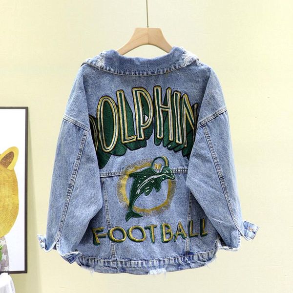 

Hip hop Letter Embroidery Spring Plus size Hole Denim jacket Women Fall Harajuku Blue Veste en jeans pour femme Casual Jean coat