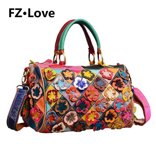 

genuine cowhide leather women's hobo shoulder bags cross body tote handbag purses with flower 100% handmade bagpack shoulder bag