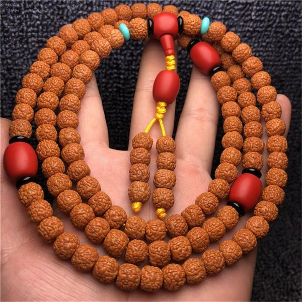 

dropship 108 natural dragon scale rudraksha bracelet 5-petal bucket bead bodhi seed 7*9mm original cinnabar 108 mala prayer, Black