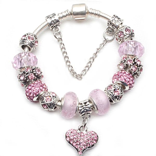 

fashion pink crystal love heart charm bracelet for women european diy beads bracelets & bangles as lover couples gifts pulseira, Golden;silver