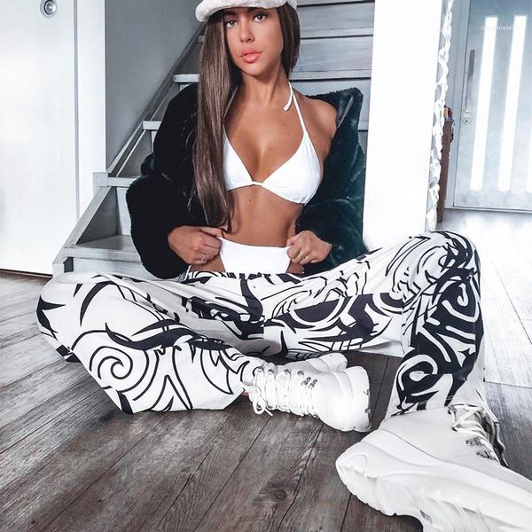 

long pants females clothing womens designer flare pants fashion floral printed panelled pants casual elastic waist, Black;white