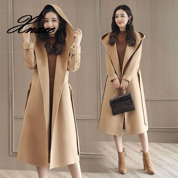 

women's wool & blends 2021 autumn/winter women jackets warm solid color outwear female hooded with belt woolen oversize coat big size, Black