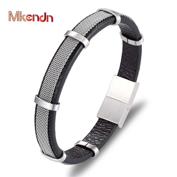 

charm bracelets mkendn fashion watch-band leather bracelet with stainless steel magnetic clasp femme homme jewelry, Golden;silver