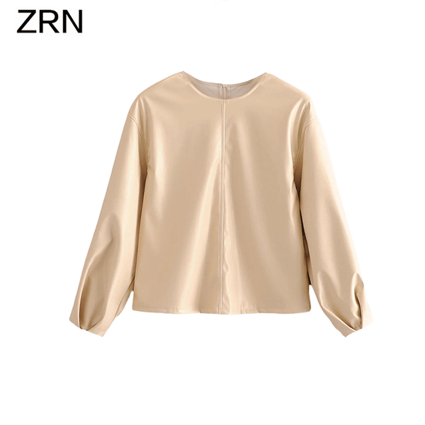 

women 2020 autumn winter pu faux leather loose blouses vintage long pleated sleeve back zipper female shirts blusas chic, White