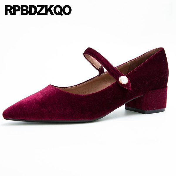 

pointed low heels bridal shoes mary jane size 4 34 chunky wine red wedding evening velvet pearl pumps women strap, Black