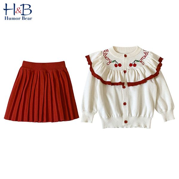 

humor bear girls clothes sets girls' suit embroidered cherry orange and pleated skirt baby children 2pcs sets autumn new, White
