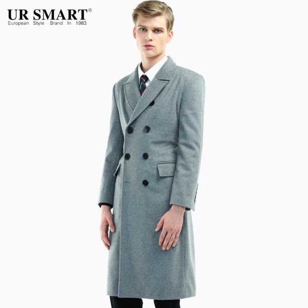 

ursmart new men's long double-breasted wool coat gray male popular urban fashion coats, Black