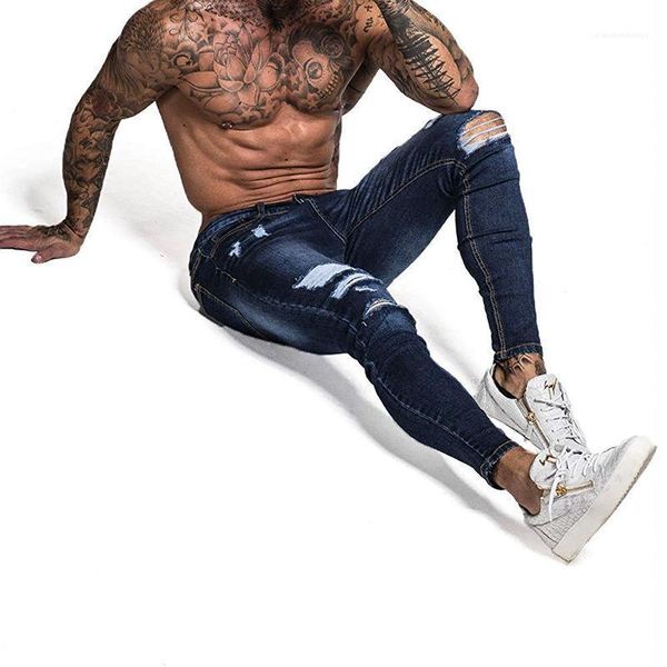 

fashion natural color pencil pants jeans for men mens slim jeans designer distrressed jeans with hole, Blue
