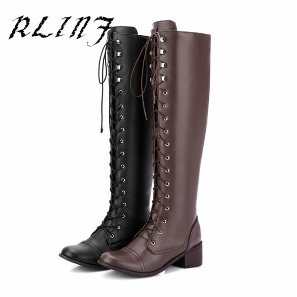 

rlinf new solid color high tube strap low heel fashion boots, Black
