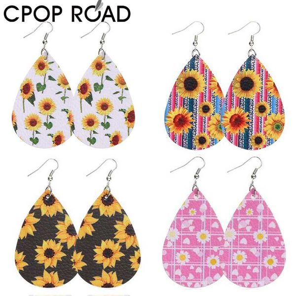 

dangle & chandelier cpop double-side faux leather earrings for women sun flower print pendant water drop fashion jewelry accessories gift, Silver