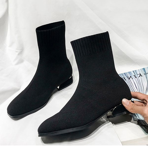 

retro socks boots thick heel elastic black knitted mid-tube women's boots large 34-43 new square toe low heel boot