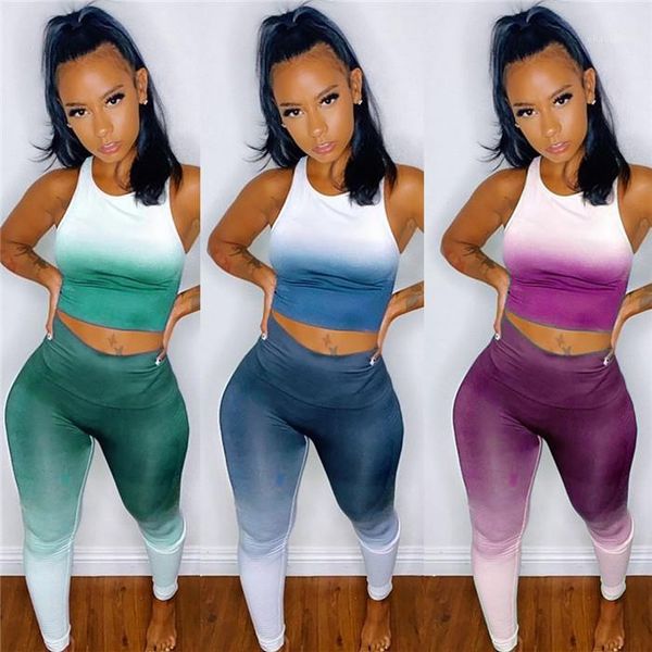 

summer 2 piece outfit sets sleeveless tanks and slim sweatpants casual women designer sports clothing gradient tracksuits womens, Gray