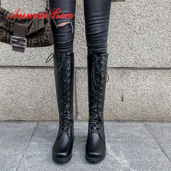 

boots anmairon square heel lace-up motorcycle round toe knee-high pu thigh high winter solid short plush cross-tied shoes, Black