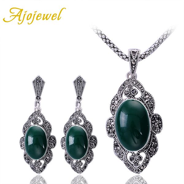 

ajojewel овальный смола камень зеленый vintage комплекты ювелирных изделий для женщин цепочки ожерелье серьги наборы bijoux, Silver
