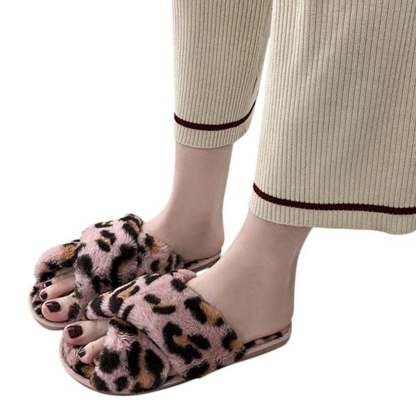 

sagace winter slippers women leopard print warm home plush fur indoor slippers shoes ladies soft flat indoor warm, Black