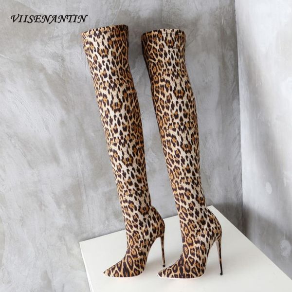 

boots european and american leopard print stretch large size pointed toe thin high heel women shoes, Black