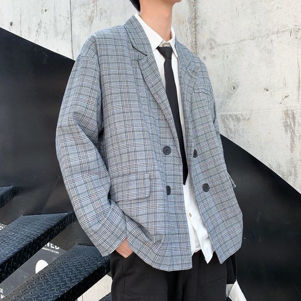 

autumn plaid blazer men's fashion retro business casual dress jacket men streetwear wild loose korean style suit jackets mens, White;black