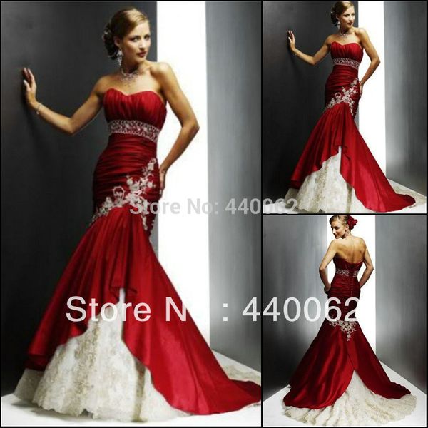 

Maria's Bridal gown Tailor Make Elegant Red Strapless Taffeta Lace Mermaid Wedding Dress 2018 New Style Vestido de Noiva, Same as image