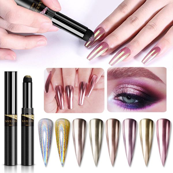 

saviland chrome nail powder pen mirror effect gold nail air cushion powder pen set silver pink chrome manicure kit decoration, Silver;gold