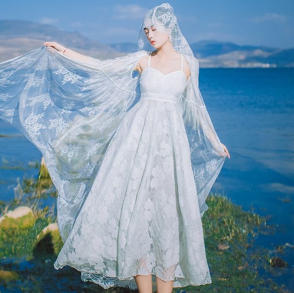 

2019 spring and autumn new sling cloak long lace hooded cape backless suspender long skirt two-piece set fairy skirt seaside vacation super, Black;gray