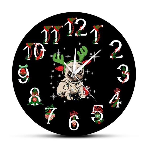 

funny xmas deer pug dog puppy merry christmas modern design printed wall clock watch antlers holidays decor kids gifts