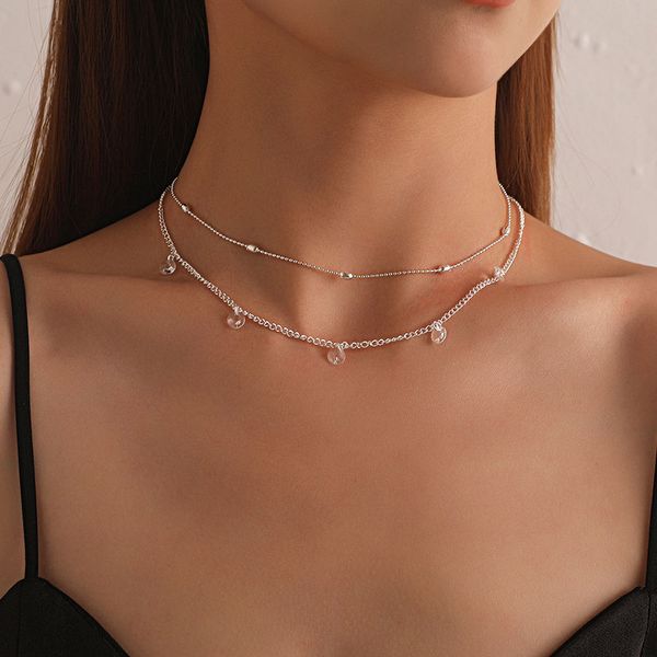 

chokers simple double layer chains choker necklace women fashion elegant acrylic crystal beads geometric jewelry kolye, Golden;silver