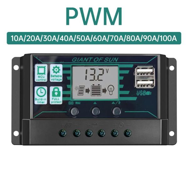 

10a-100a pwm solar charge controller 12v 24v dual usb solar regulator with lcd pv battery controller load timer