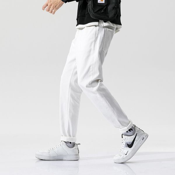 

japanese style fashion mens jeans white black slim fit tapered trousers hip hop jogger jeans men vintage design denim pants, Blue