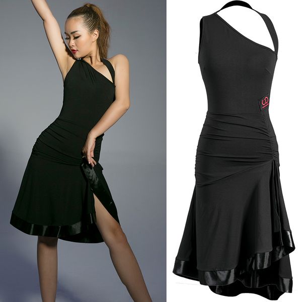 

2020 new latin dance competition dress oblique shoulder black latin practice dress performance clothes dqs5065, Black;red