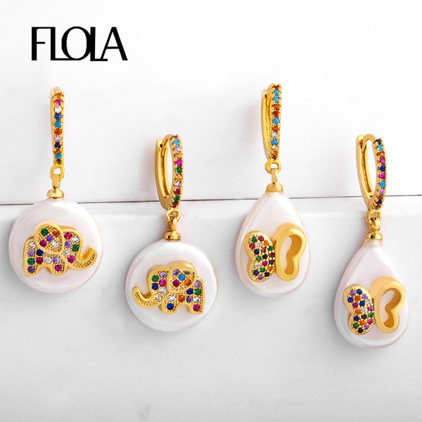 

flola gold filled freshwater pearl earrings cute elephant butterfly rainbow earrings 24k gold jewelry aretes mano fatima ersr50, Golden;silver