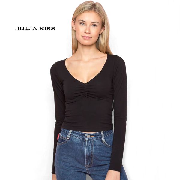 

women fitted long sleeve v-neck with smocked bust detailing t-shirts, White