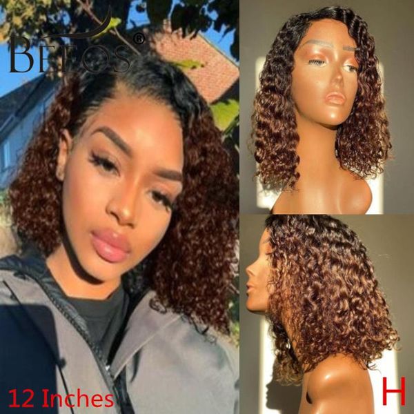 

beeos 180% 4*4 closure lace wigs ombre brown color short curly bob brazilian remy human hair wigs with baby hair pre plucked, Black;brown