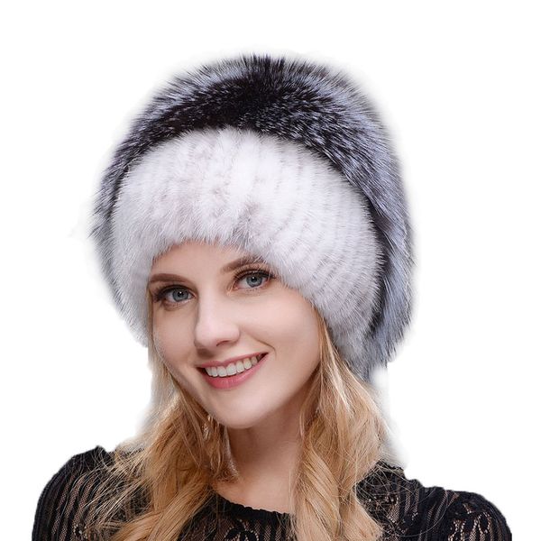 

russische modische nerz fuchs hut frau winter warm gestrickte hut frau 2020 neue natürliche pelz und wasser bohrer ski, Blue;gray