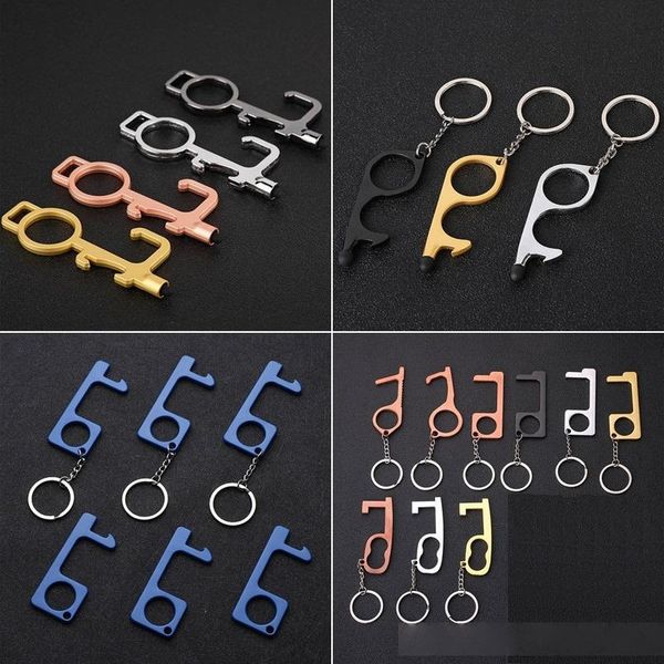 

polychromatic metal safety touchless door opener stylus key hook metal hands door handle opener tool keychain with silicone head a2167