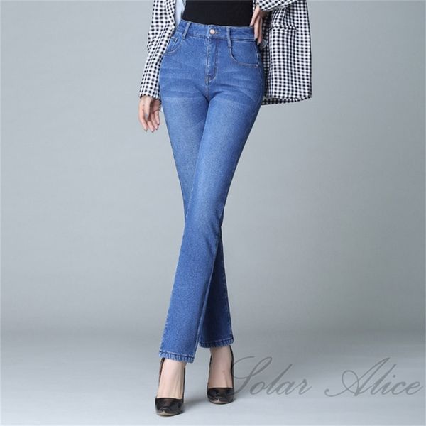 

2020 women's fall/winter new style plus velvet thick straight high waist jeans stretch plus size casual pants, Blue
