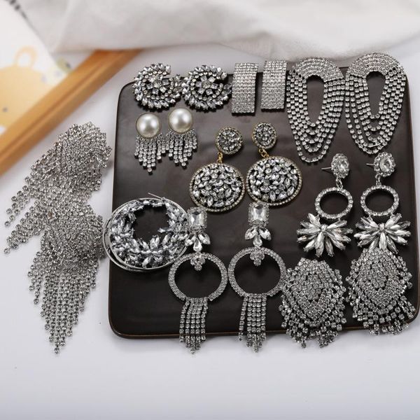 

girlgo 20 design white glass crystal dangle earrings for women bright transparent tassel statement earrings bridal ear jewelry, Silver