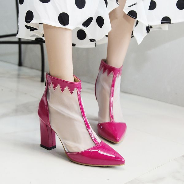 

boots ymechic 2021 fashion sweet pointed toe block high heel shoes orange green red summer mesh ankle plus size party, Black