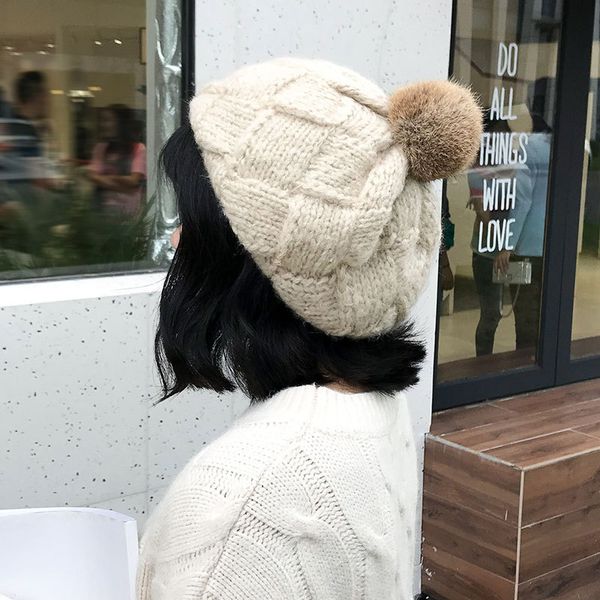

fur ball knitted hat hand-woven beret wool hat autumn and winter plaid solid color warm fashion, Blue;gray