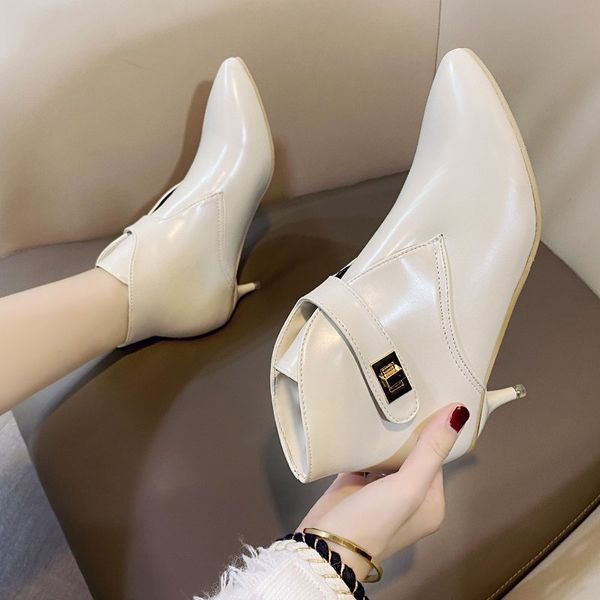 

stiletto ankle boots pointed toe women pumps autumn patent leather high heel shoe winter keep warm women boots ladies shoes, Black