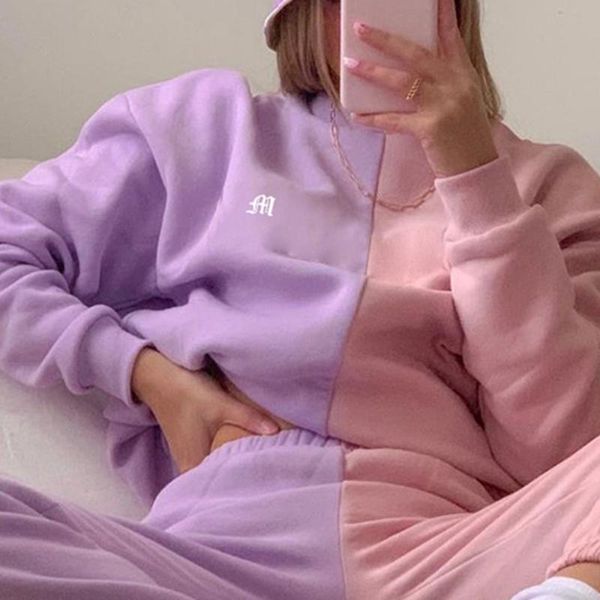 Damen Hoodies Sweatshirts Weiblich Patchwork Rosa Lila Crewneck Sweatshirt Langarm Party Crop Tops Mode Preppy Style Stickerei P